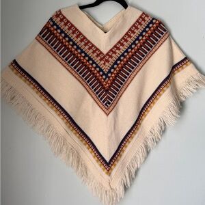 Vintage Cream Knit Fringe Poncho Southwestern Fair Isle V Neck Boho Cape Wrap